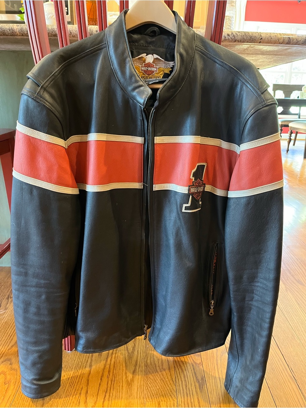 Harley-Davidson Black Leather Bomber Jacket with Red and White Stripes